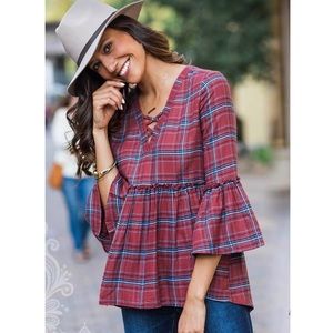 Grace & Lace Red Peplum Plaid Ruffle Sleeve Babydoll Top - LARGE